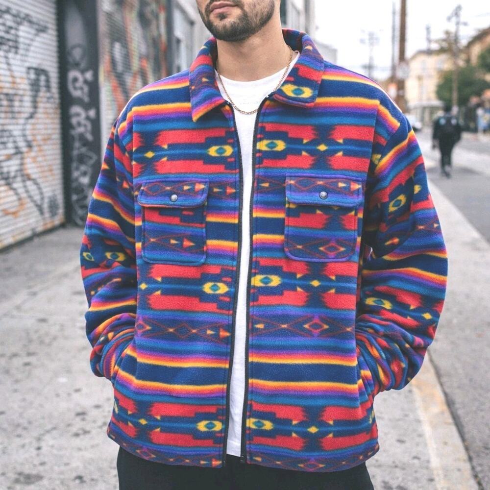 Vintage Traders Jeans Co Aztec Fleece Jacket Zip Front Streetwear Made Singapore